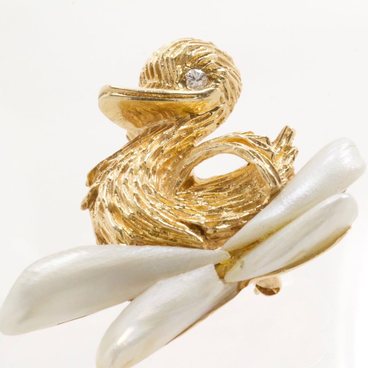 Vintage 14K Yellow Gold Duckling Brooch Pin Biwa Pearl and Diamond Eye, 1960's