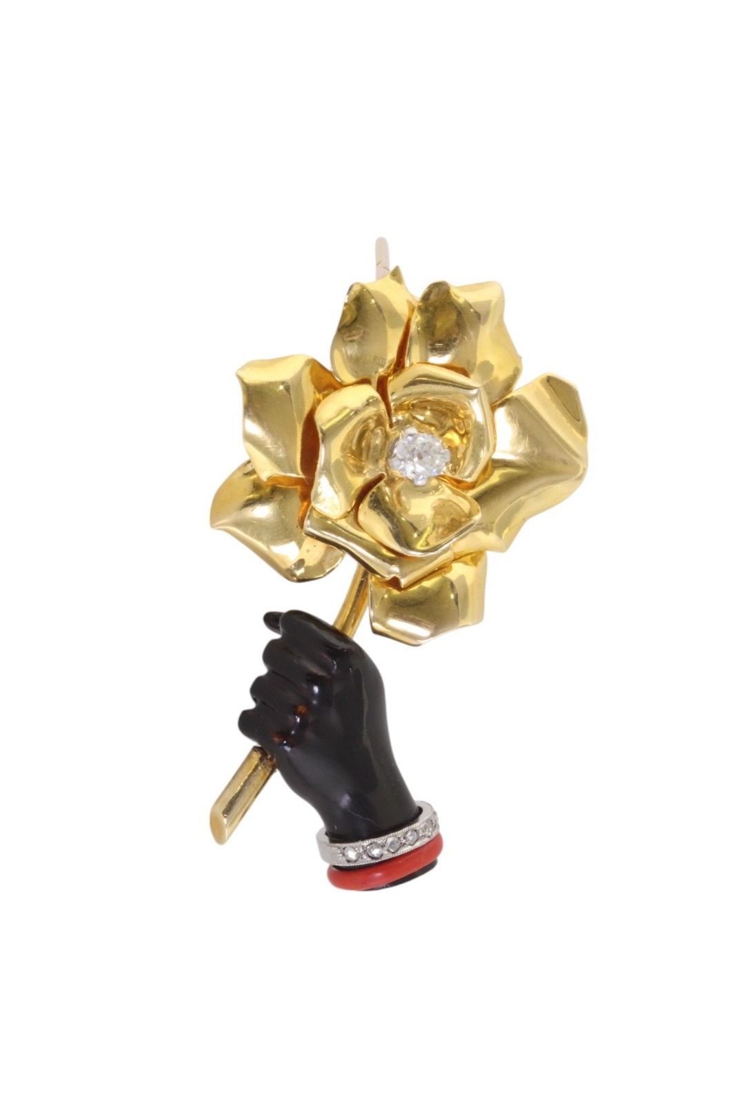 Signed Cartier 18K Gold Diamond Onyx Hand Holding Rose Brooch Art Deco Retro Fre