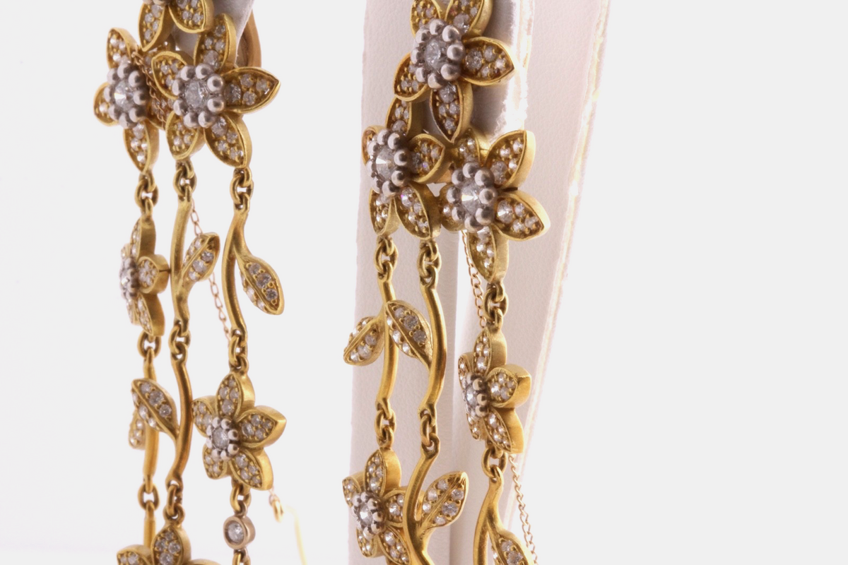 Kieselstein-Cord 18K Green Gold Diamond Floral Dangle Earrings 3CT 35.8g