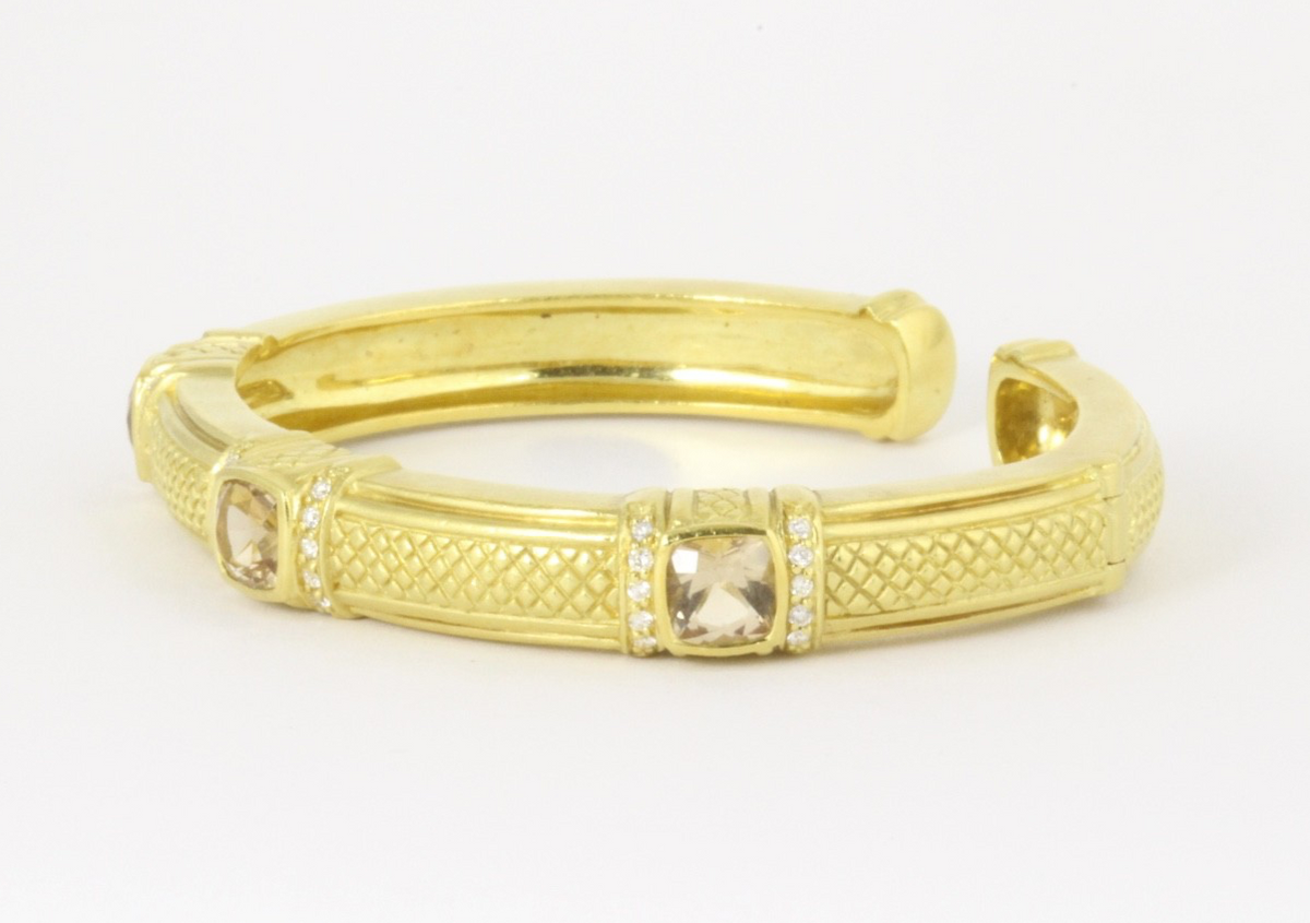 Judith Ripka 18K Yellow Gold Brown Quartz Diamond Cuff Bracelet 50g 6.25"