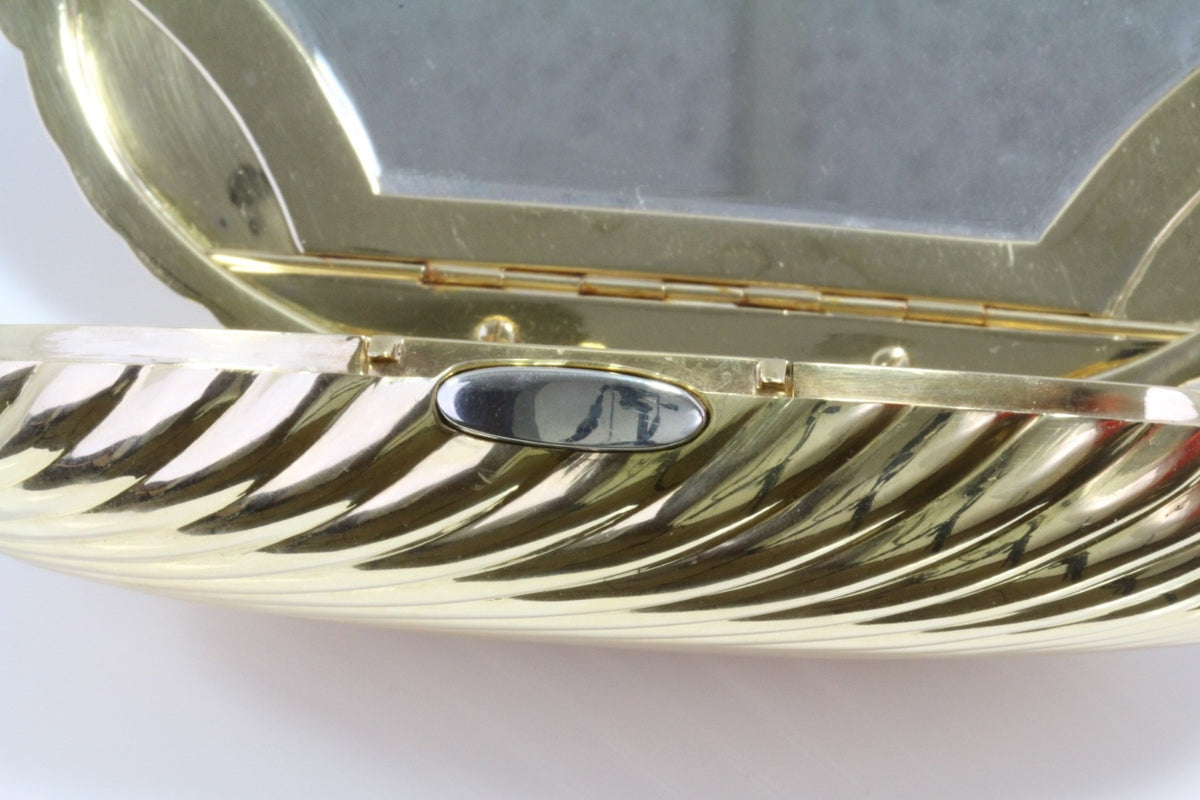Large 18K Yellow Gold 448g Ribbed Shell Minaudiere Compact Wrist Bag Mirror