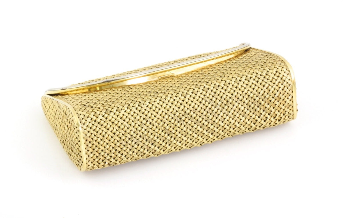 Solid 18K Yellow Gold 381g Woven Basket Weave Minaudiere Evening Purse 750 Stamp