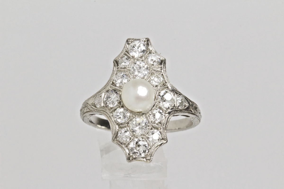 Antique Edwardian Platinum Pearl Diamond Plaque Ring 2.50CTW Old European Cut