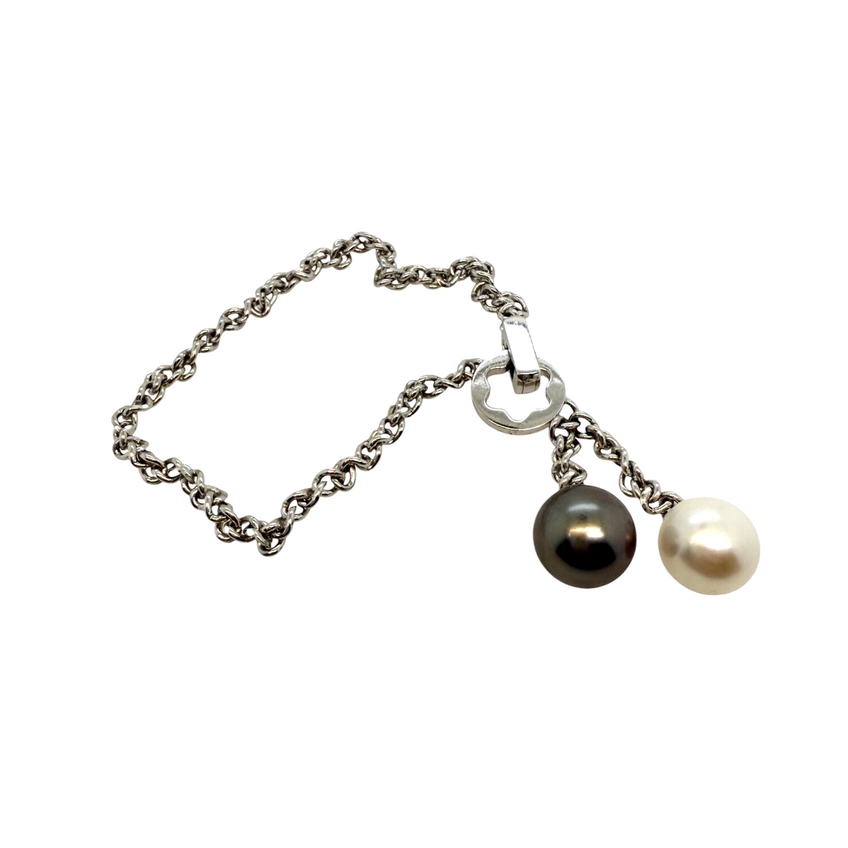 Montblanc 18K White Gold Chain Bracelet w/ 11 mm Black & 10 mm White Pearls, 7.