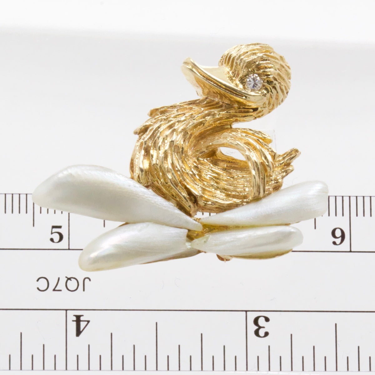 Vintage 14K Yellow Gold Duckling Brooch Pin Biwa Pearl and Diamond Eye, 1960's