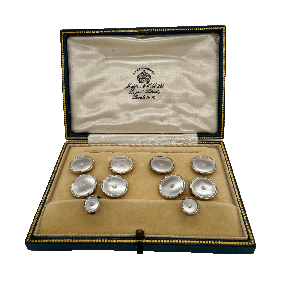 Antique Mappin Webb Royal Warrant MOP Pearl Dress Set Cufflinks Studs Plat Gold