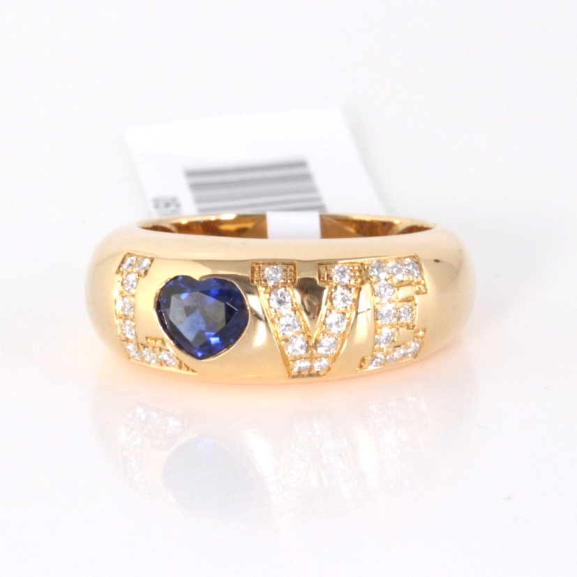 Chopard Happy Love 18K Gold 0.75ct Sapphire Heart 28 Diamond Ring Sz 54 w/Cert
