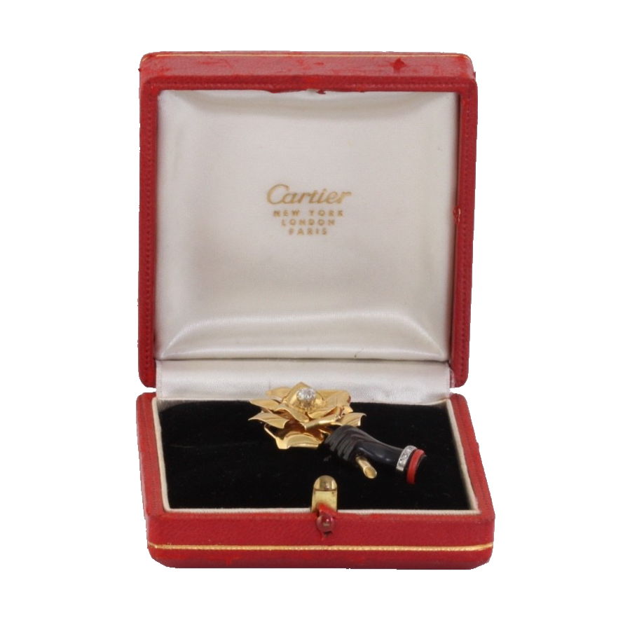Signed Cartier 18K Gold Diamond Onyx Hand Holding Rose Brooch Art Deco Retro Fre