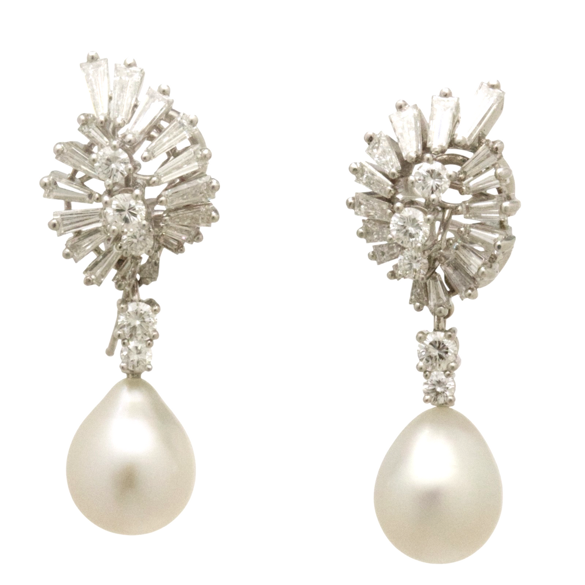 Platinum 4.50ct Diamond Starburst Cluster South Sea Pearl Drop Earrings Vintage