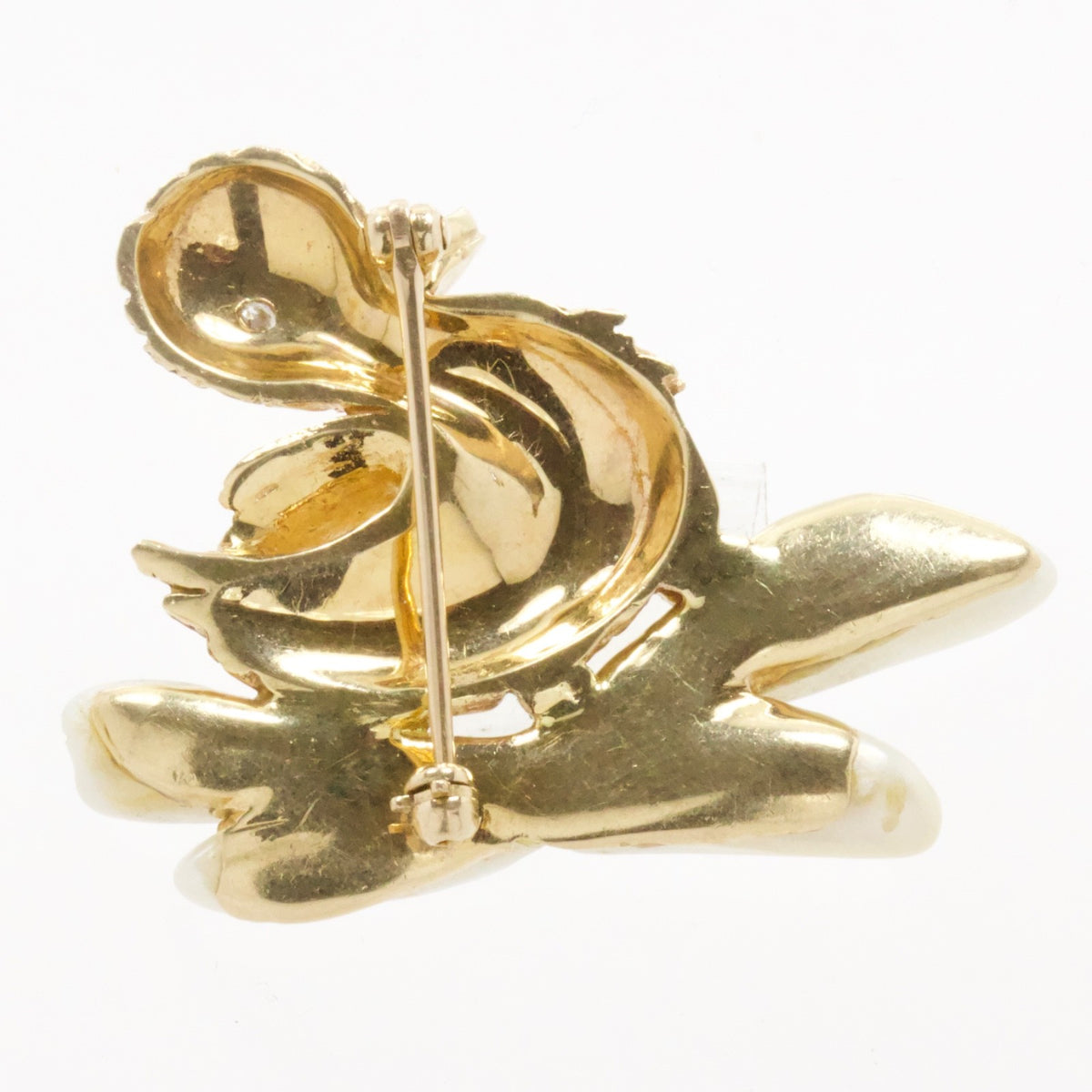 Vintage 14K Yellow Gold Duckling Brooch Pin Biwa Pearl and Diamond Eye, 1960's