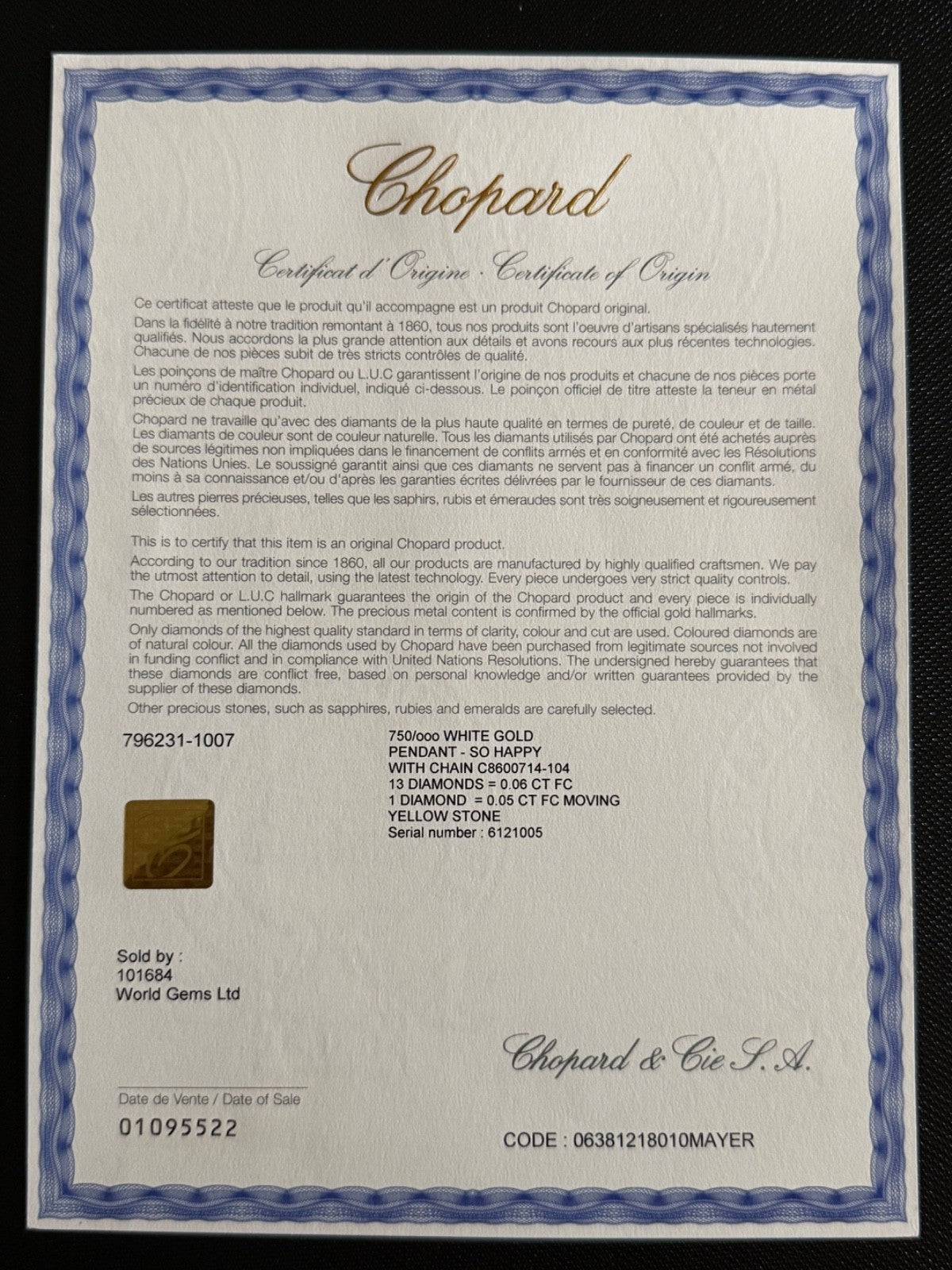 Chopard So Happy Diamond in Lucite Pendant (18K White Gold, chain+ certificate).