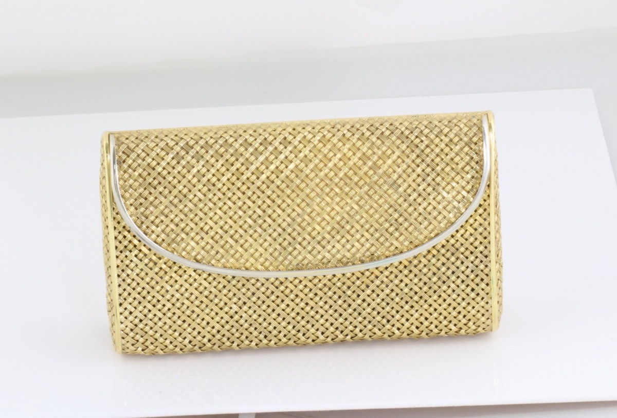 Solid 18K Yellow Gold 381g Woven Basket Weave Minaudiere Evening Purse 750 Stamp