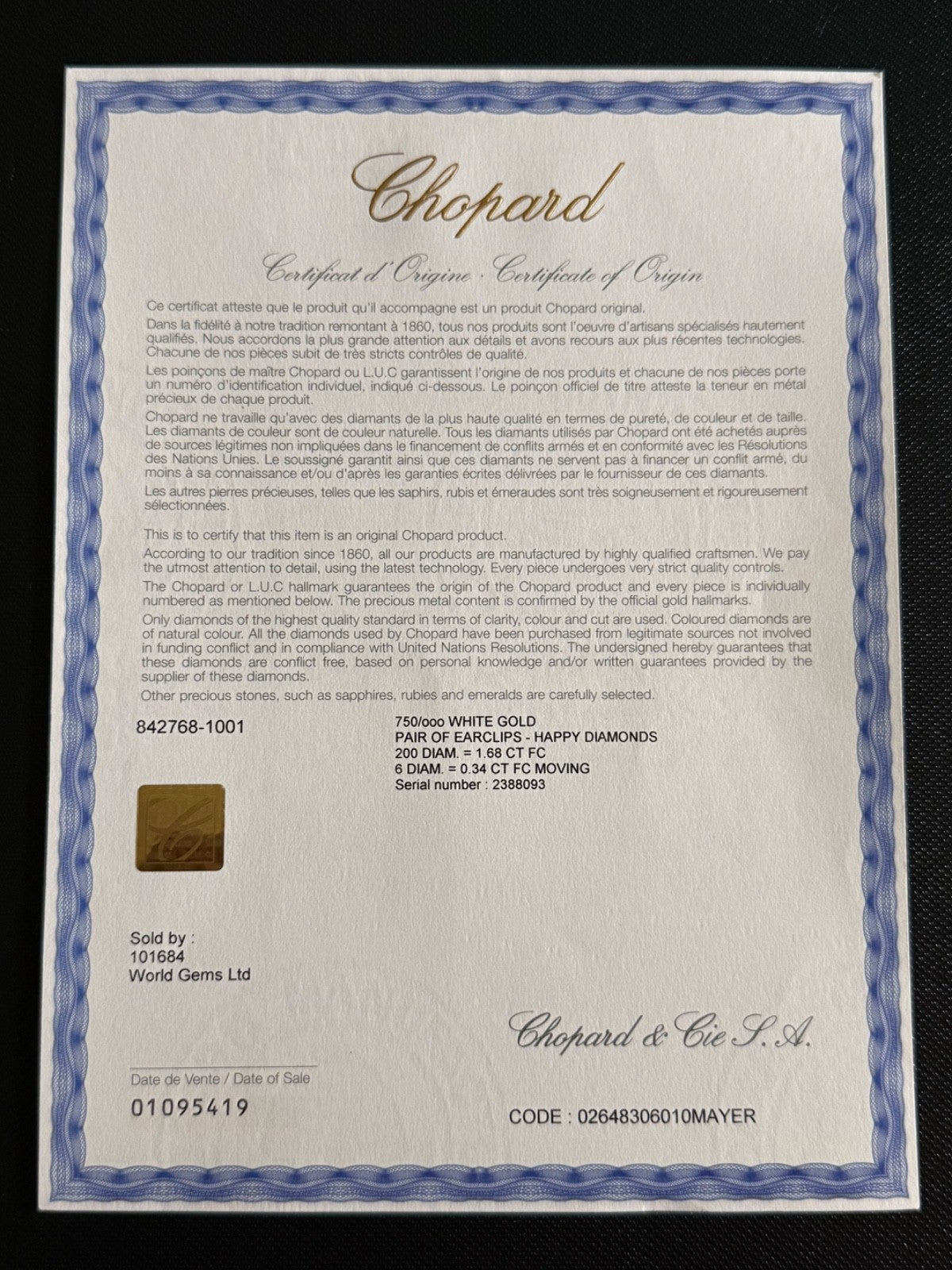 Chopard Happy Diamonds Earrings 18K White Gold 2.02ct Diamonds w/Box & Cert