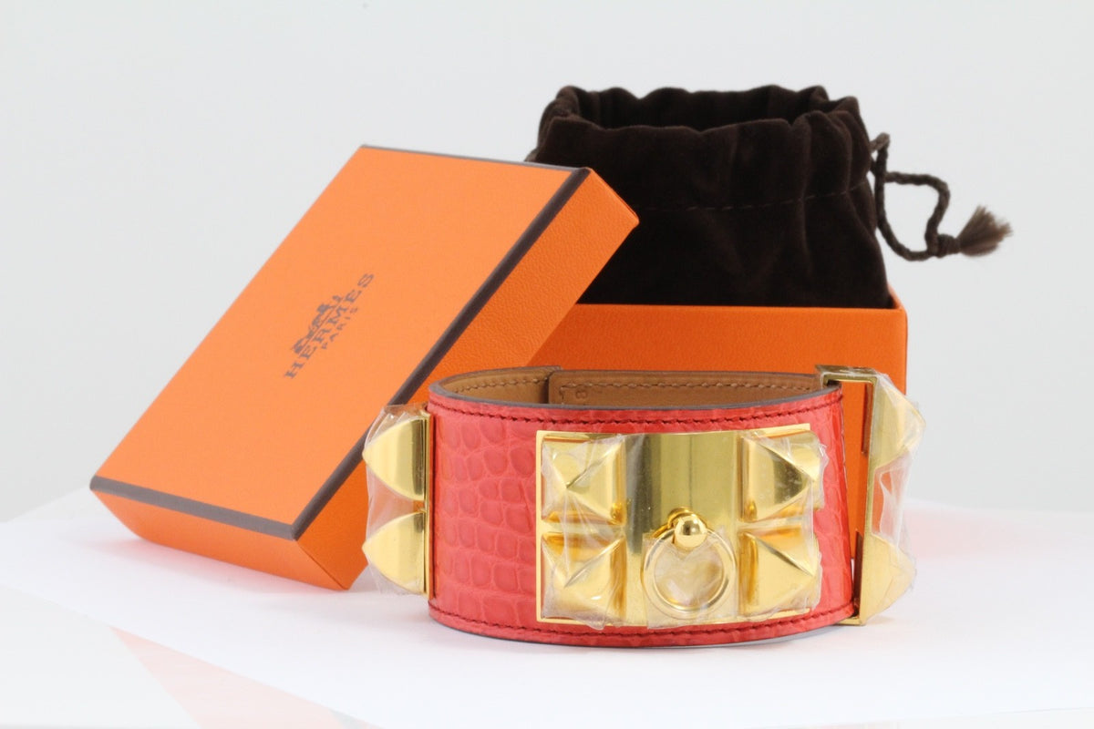 Hermès CDC Collier de Chien Geranium Matte Alligator Gold HW Size S 2010 Box