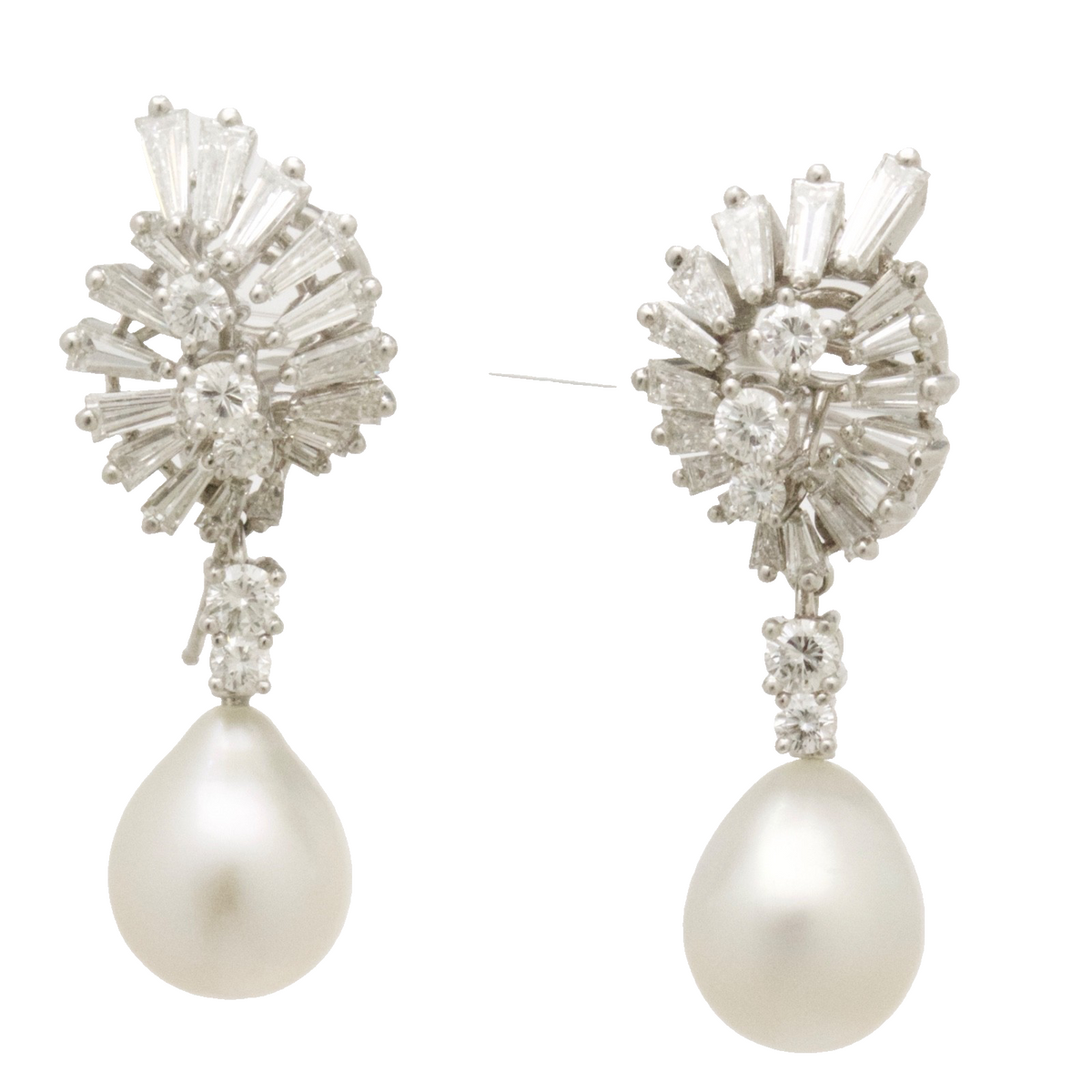 Platinum 4.50ct Diamond Starburst Cluster South Sea Pearl Drop Earrings Vintage