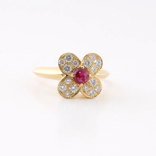 Van Cleef & Arpels Ruby Diamond Flower Ring 18K Yellow Gold VCA Trefle Size 6.75