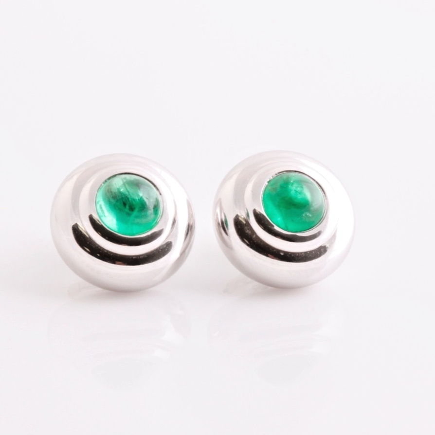 Chopard Happy Sport 18K White Gold 2.66ct Emerald Cabochon Studs Box Certificate