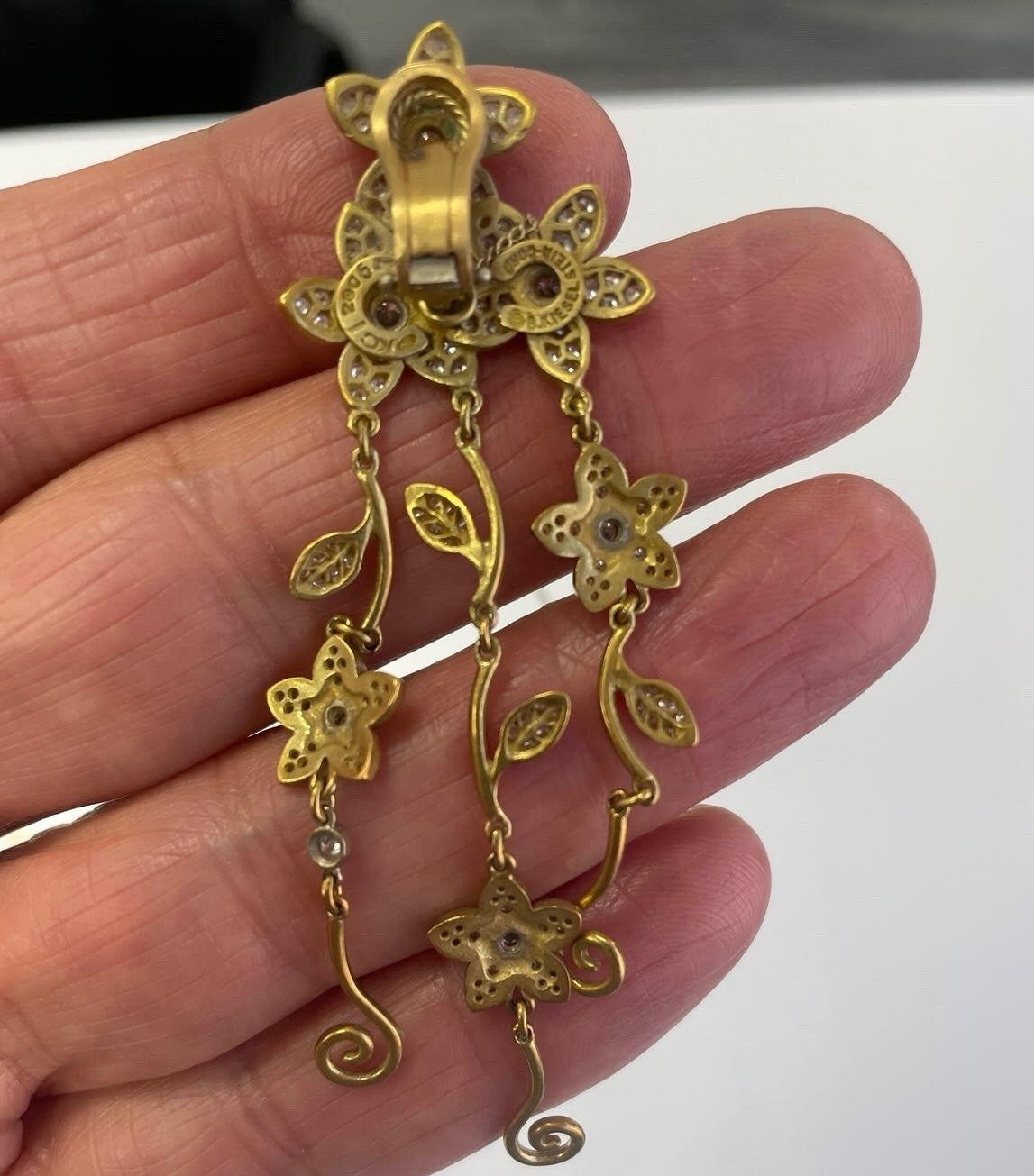 Kieselstein-Cord 18K Green Gold Diamond Floral Dangle Earrings 3CT 35.8g