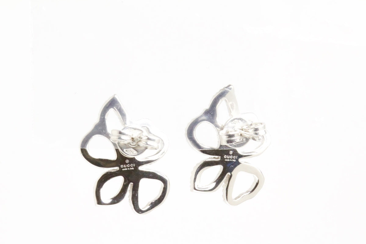 Gucci 18K White Gold Diamond Open Flower Clover Stud Earrings 0.30 CTW Italy
