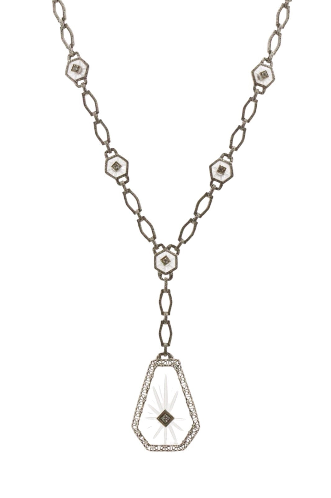 Vintage 14K Gold Platinum Rock Crystal Diamond Y-Drop Necklace