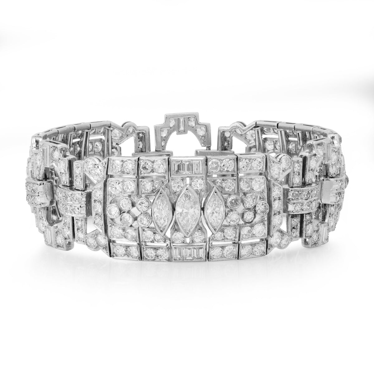 Vintage 1940s Platinum Diamond Bracelet – Marquise Center ~1.50 ct – ~13.0 ctw (