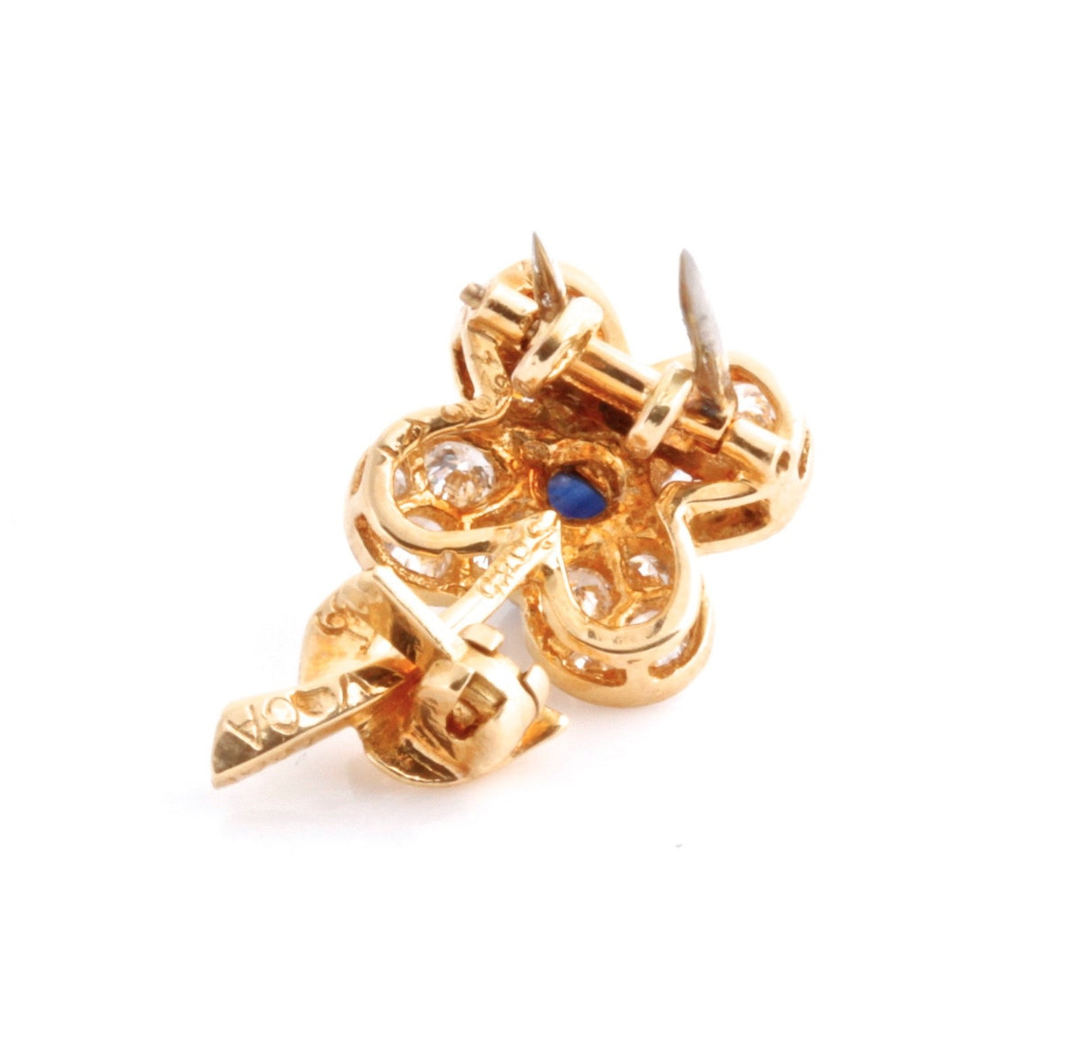 Vintage Van Cleef & Arpels 18K Gold Diamond Sapphire Flower Brooch Pin 1960s VCA