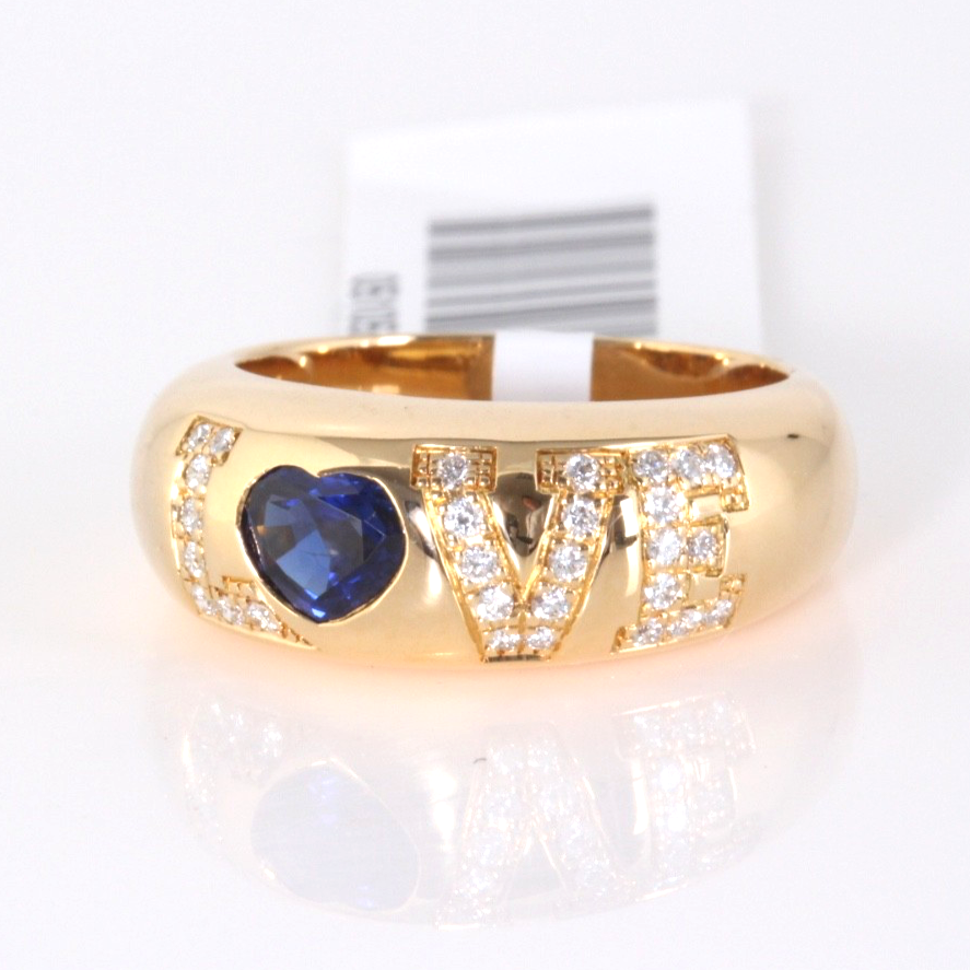 Chopard Happy Love 18K Gold 0.75ct Sapphire Heart 28 Diamond Ring Sz 54 w/Cert