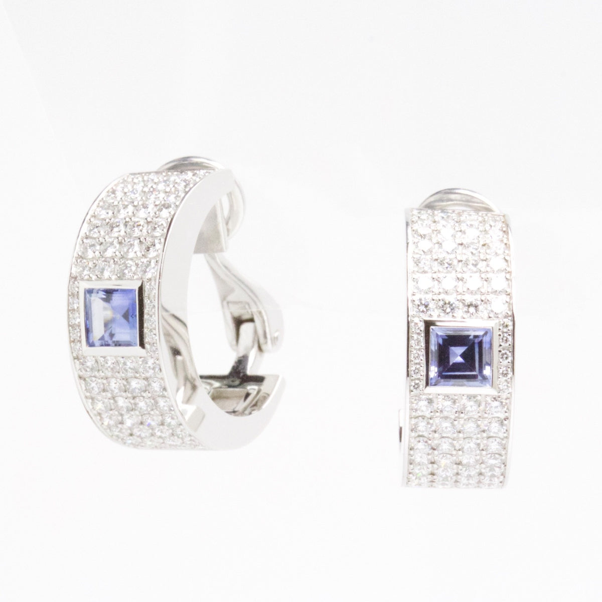 Chopard 18K WG 2.47ct Diamond 1.44ct Sapphire Pavé Hoop Earrings w/ Cert