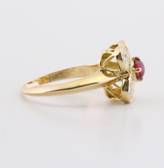 Van Cleef & Arpels Ruby Diamond Flower Ring 18K Yellow Gold VCA Trefle Size 6.75