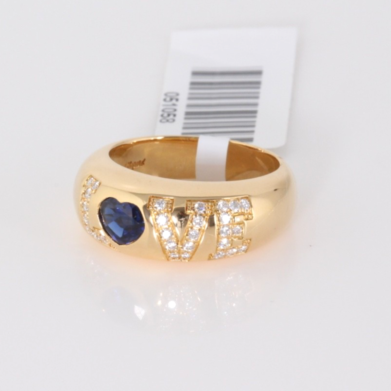 Chopard Happy Love 18K Gold 0.75ct Sapphire Heart 28 Diamond Ring Sz 54 w/Cert