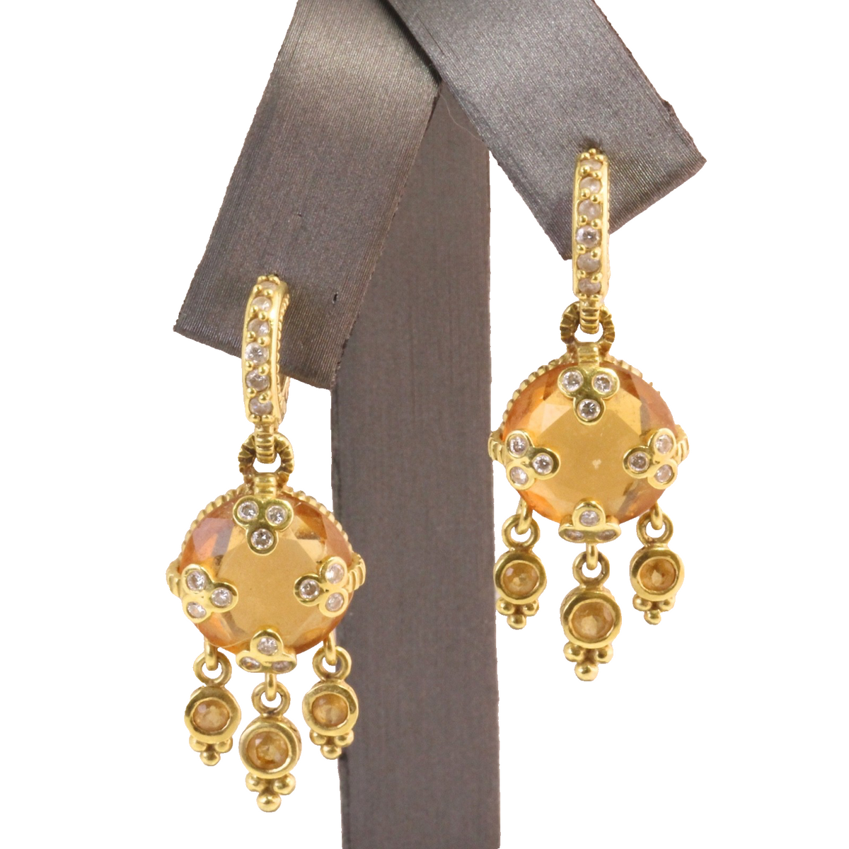 Judith Ripka 18K Gold Citrine Diamond Chandelier Drop Earrings Byzantine Huggie