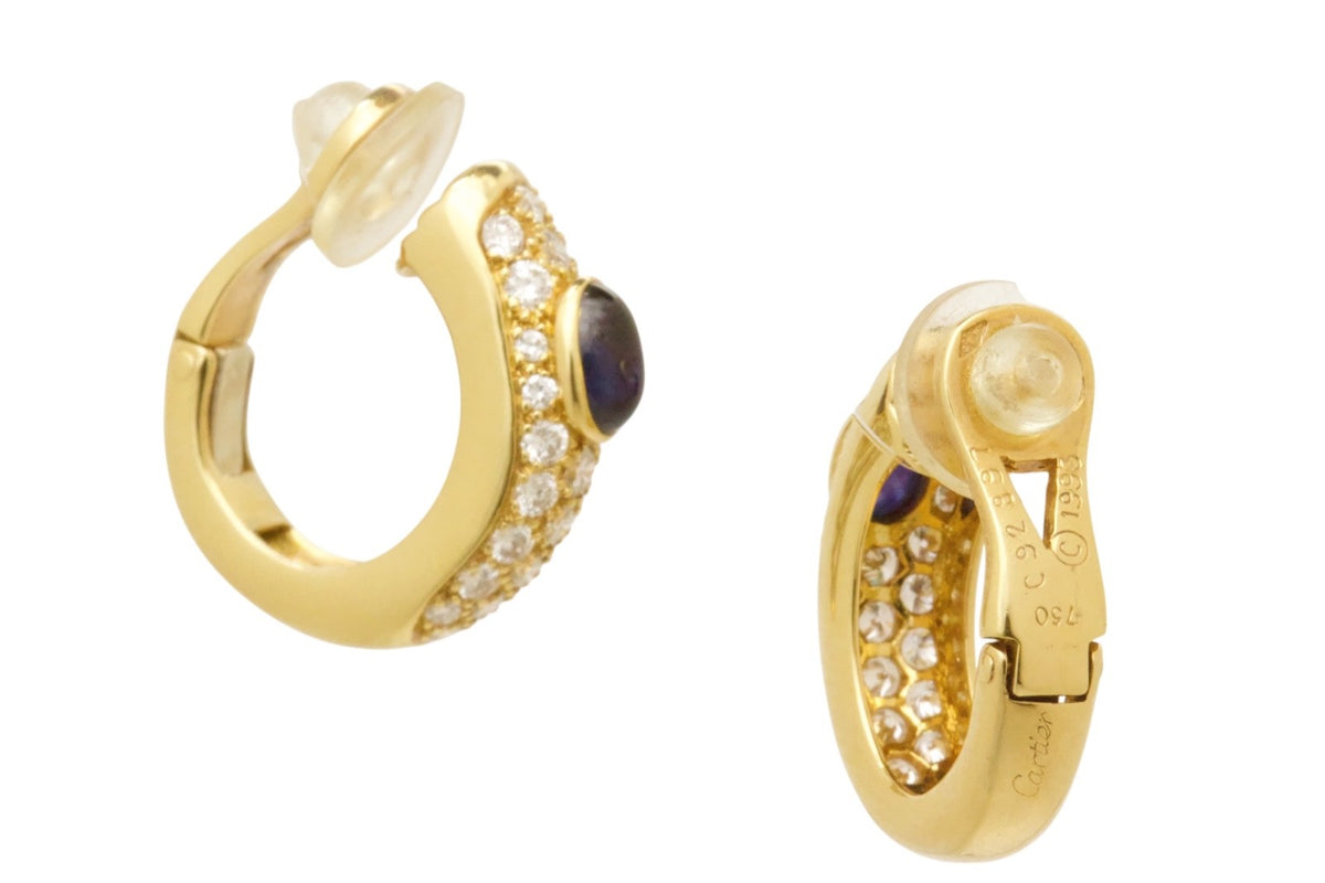 Cartier Sapphire & Diamond Clip Earrings 18K Yellow Gold ~1.0 CT Diamonds