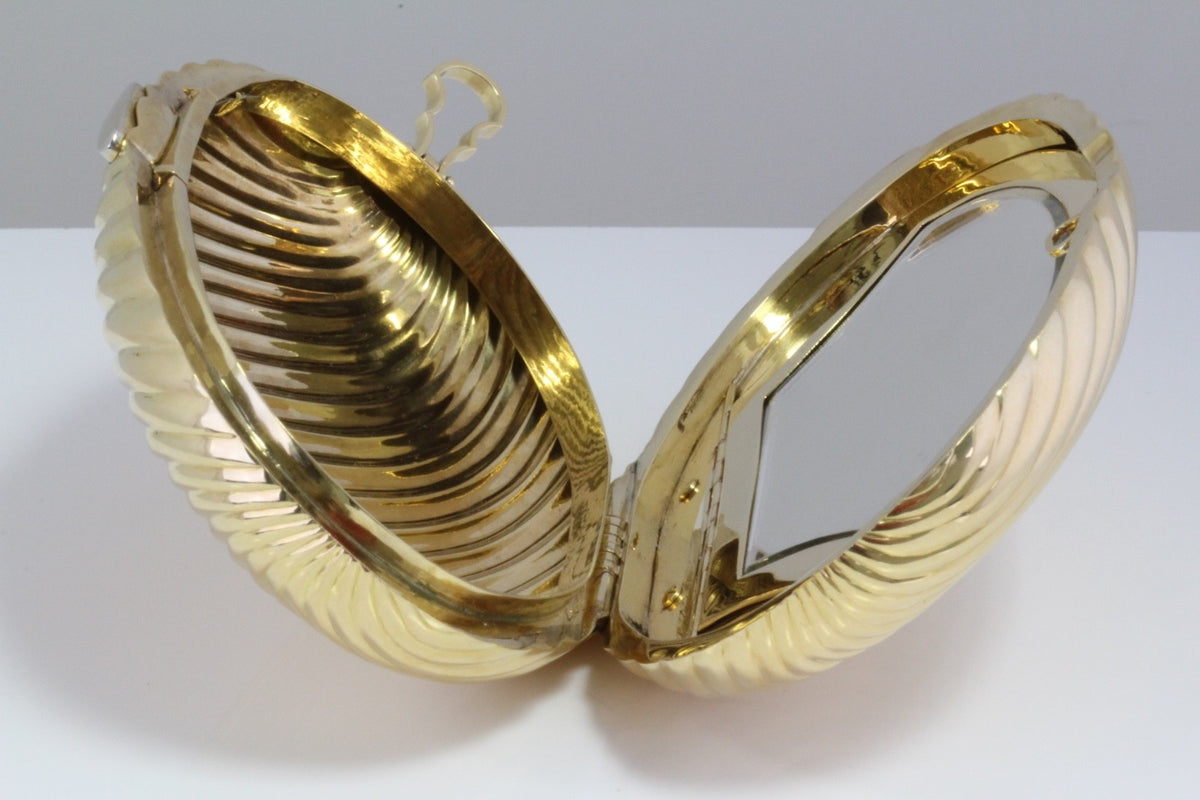 Large 18K Yellow Gold 448g Ribbed Shell Minaudiere Compact Wrist Bag Mirror