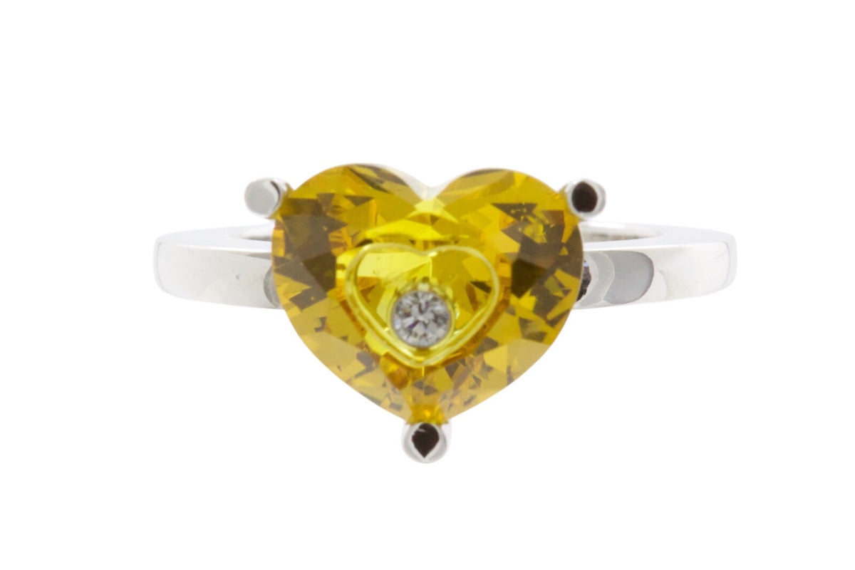 Chopard So Happy Yellow Heart 18K White Gold Floating Diamond Ring Sz 6.75