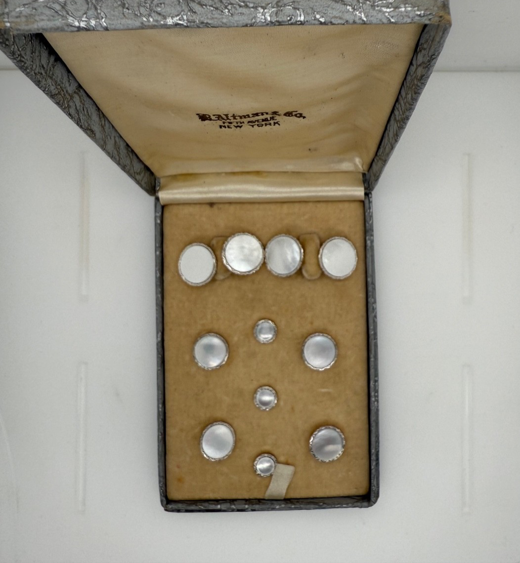 Antique 14K Gold Mother of Pearl Dress Set Cufflinks Studs B. Altman Co NY Box