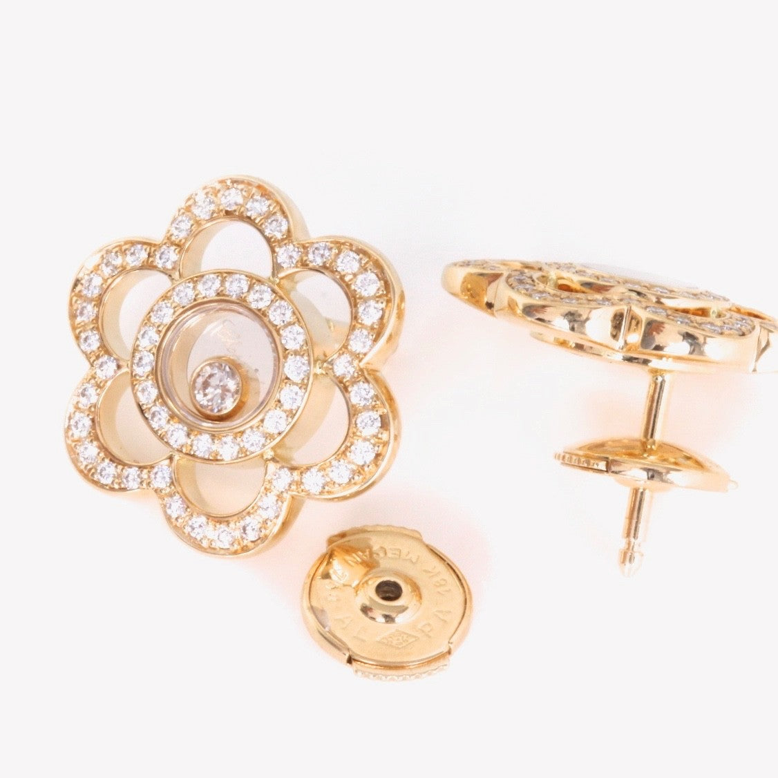 Chopard Happy Diamonds 18K Yellow Gold Flower Earrings Moving Diamonds w/ Cert