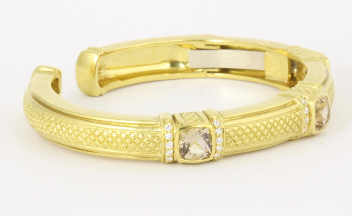 Judith Ripka 18K Yellow Gold Brown Quartz Diamond Cuff Bracelet 50g 6.25"