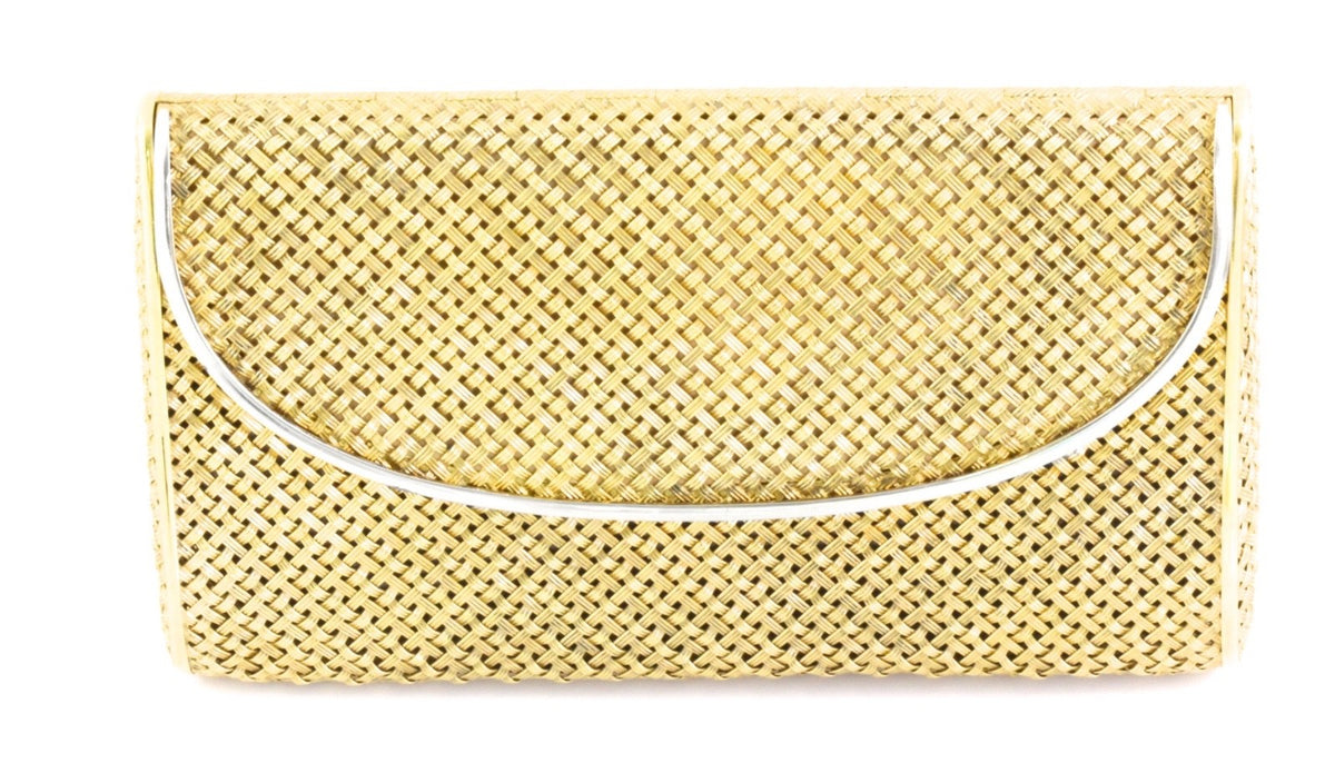 Solid 18K Yellow Gold 381g Woven Basket Weave Minaudiere Evening Purse 750 Stamp