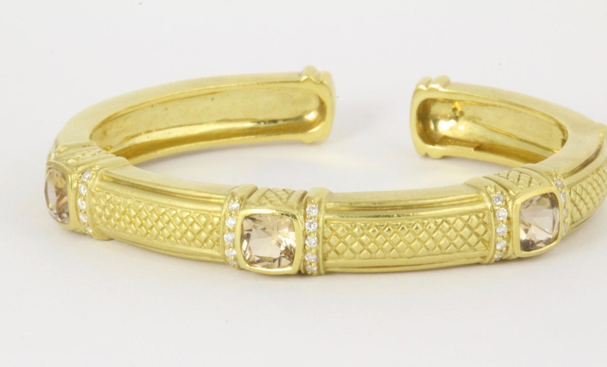 Judith Ripka 18K Yellow Gold Brown Quartz Diamond Cuff Bracelet 50g 6.25"