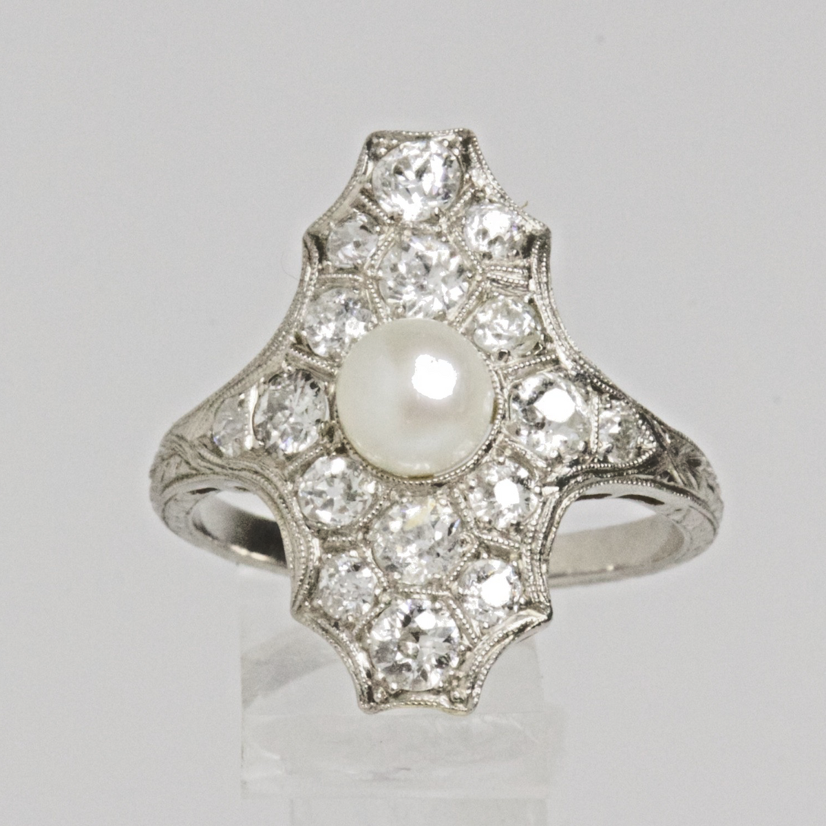 Antique Edwardian Platinum Pearl Diamond Plaque Ring 2.50CTW Old European Cut
