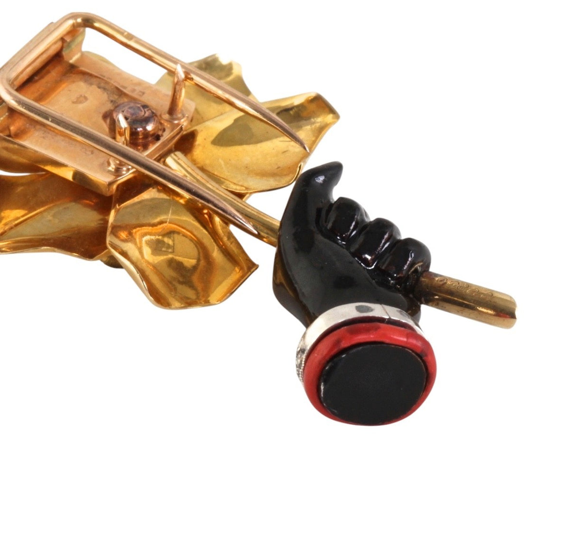 Signed Cartier 18K Gold Diamond Onyx Hand Holding Rose Brooch Art Deco Retro Fre