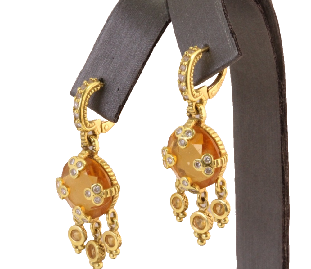 Judith Ripka 18K Gold Citrine Diamond Chandelier Drop Earrings Byzantine Huggie