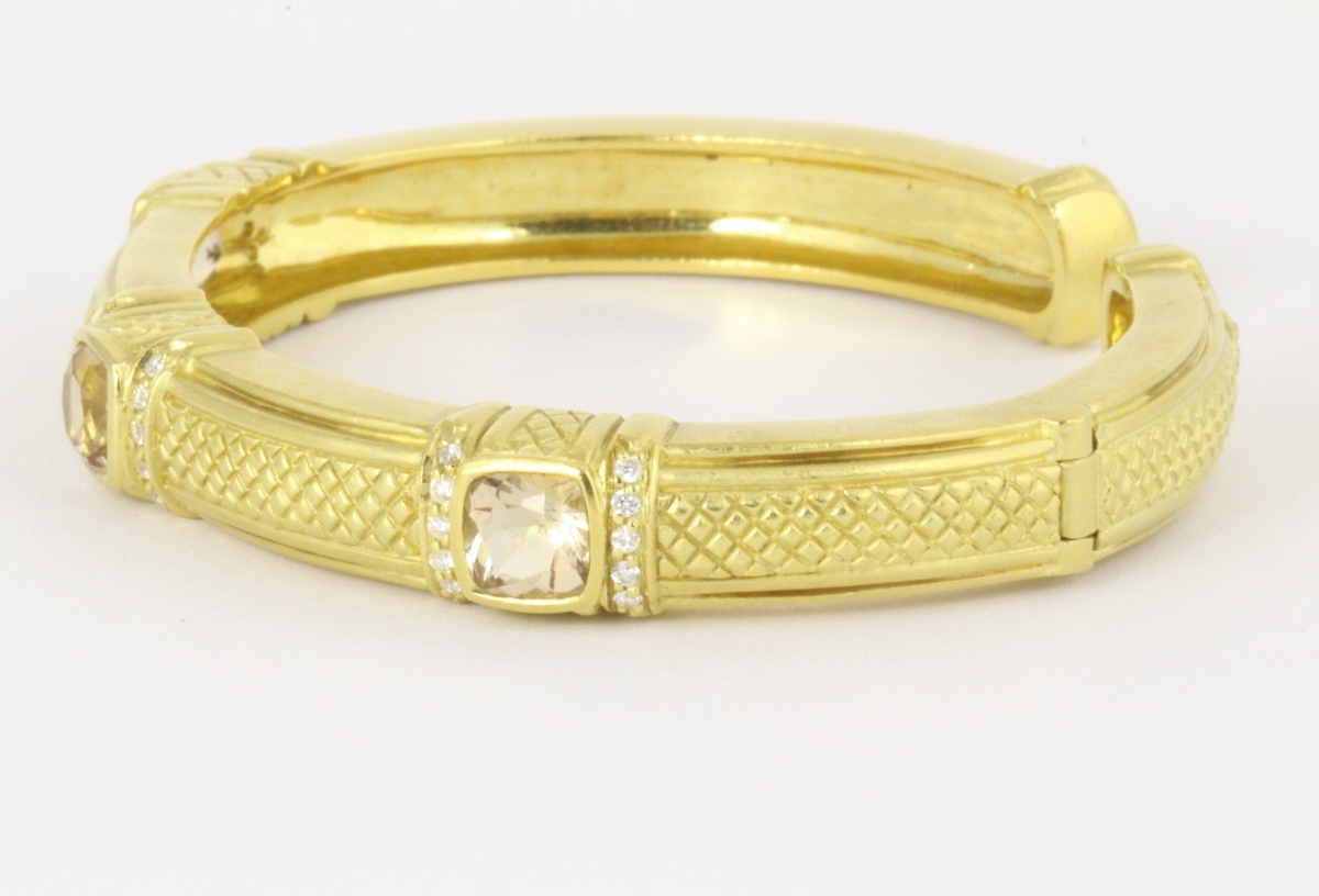 Judith Ripka 18K Yellow Gold Brown Quartz Diamond Cuff Bracelet 50g 6.25"