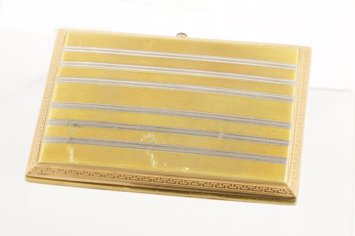 Antique 18K Yellow White Gold Cigarette Case Guilloché Sapphire Cabochon 106.5g