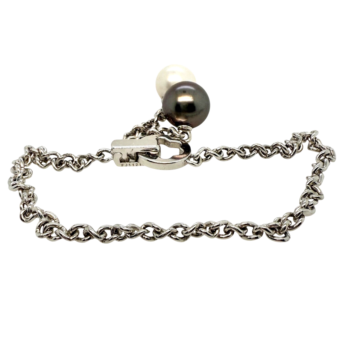 Montblanc 18K White Gold Chain Bracelet w/ 11 mm Black & 10 mm White Pearls, 7.
