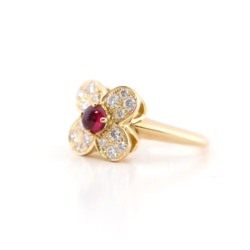 Van Cleef & Arpels Ruby Diamond Flower Ring 18K Yellow Gold VCA Trefle Size 6.75