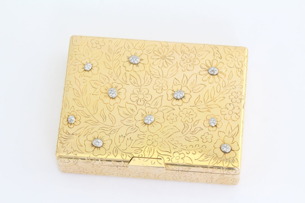 Vintage 18K Solid Gold Diamond Floral Vanity Compact Lipstick Comb French 1950s