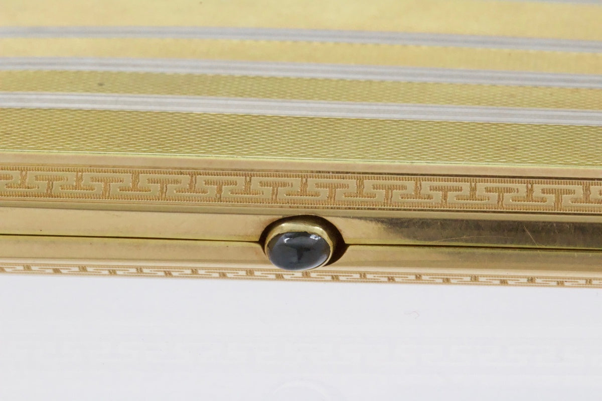 Antique 18K Yellow White Gold Cigarette Case Guilloché Sapphire Cabochon 106.5g