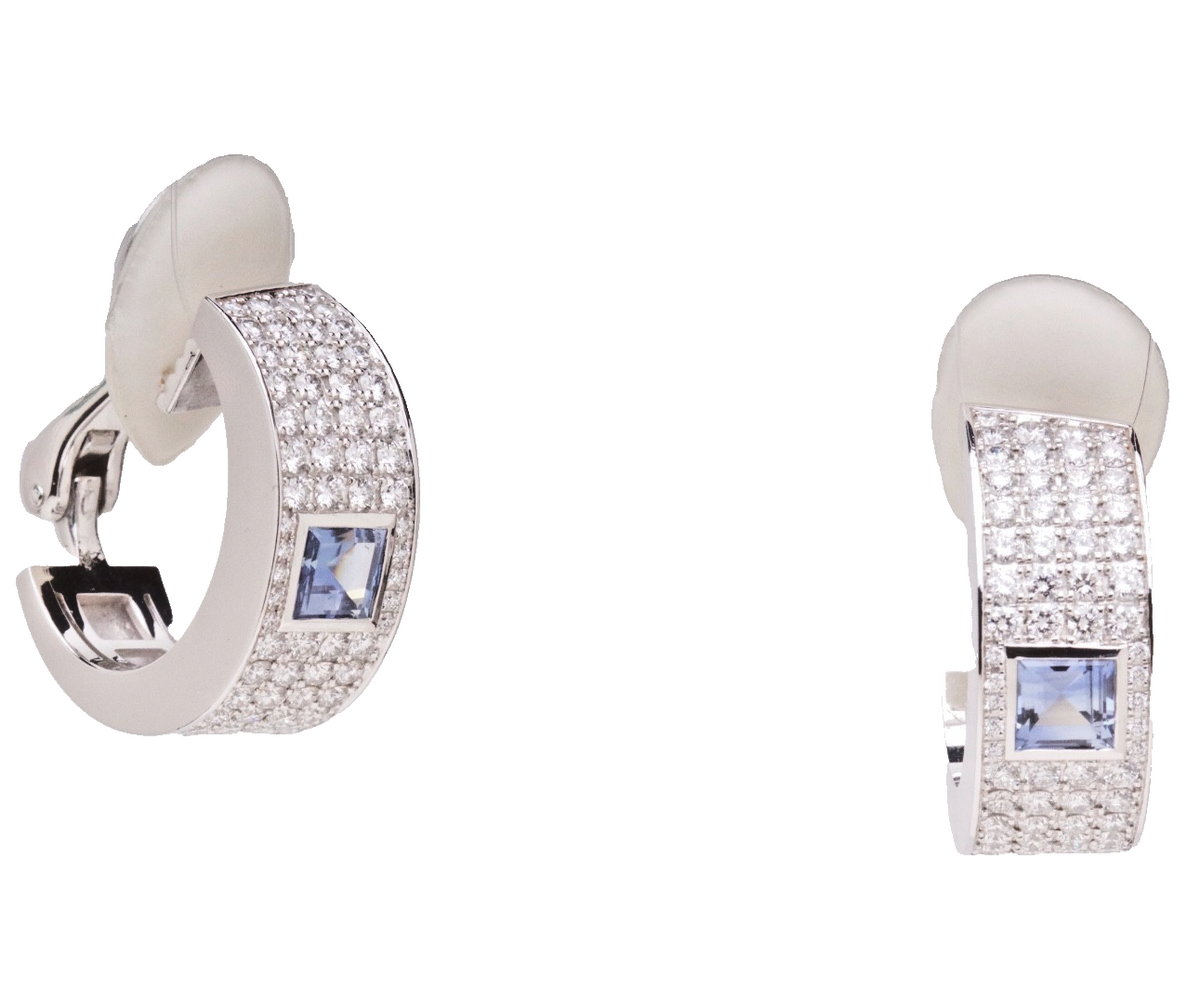 Chopard 18K WG 2.47ct Diamond 1.44ct Sapphire Pavé Hoop Earrings w/ Cert