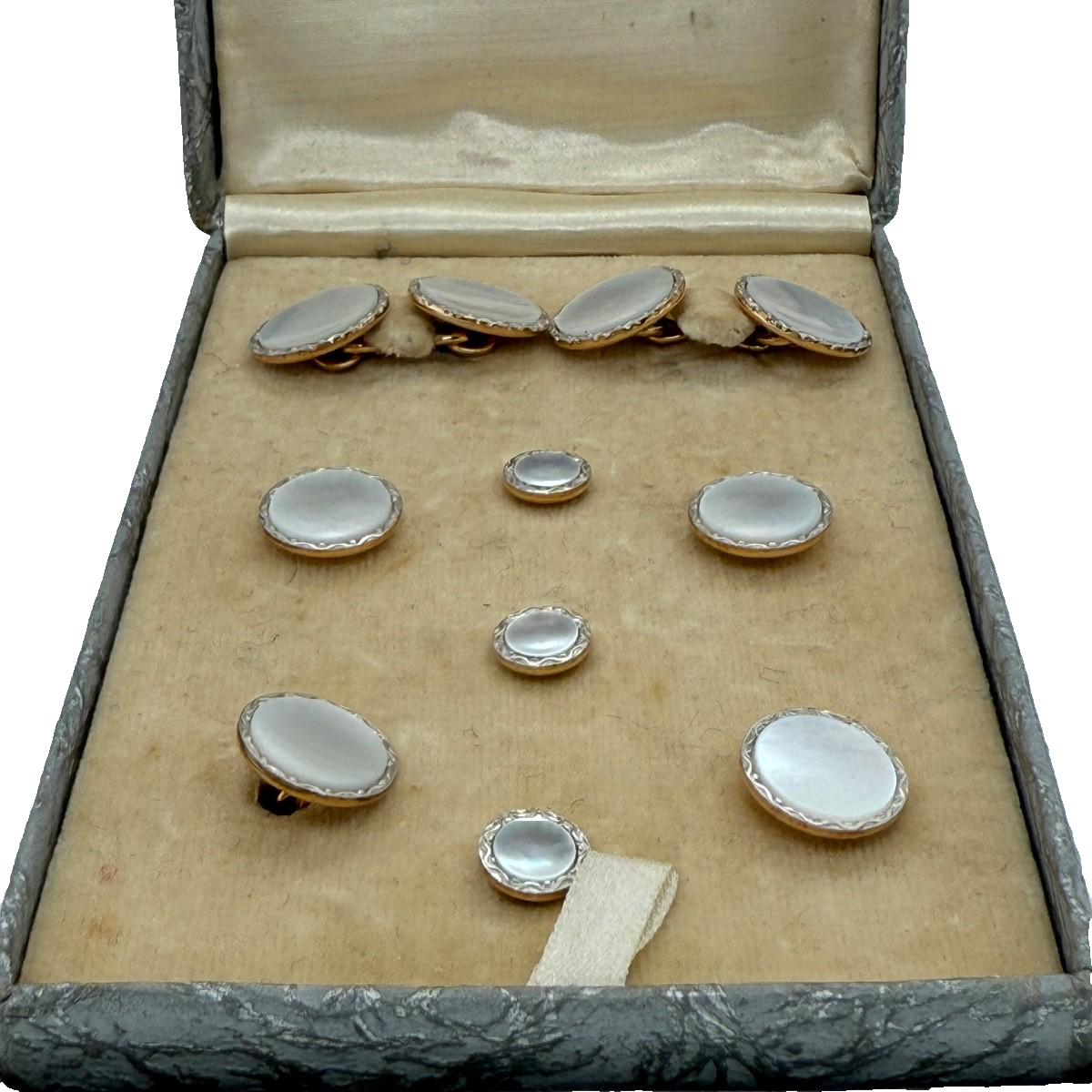 Antique 14K Gold Mother of Pearl Dress Set Cufflinks Studs B. Altman Co NY Box